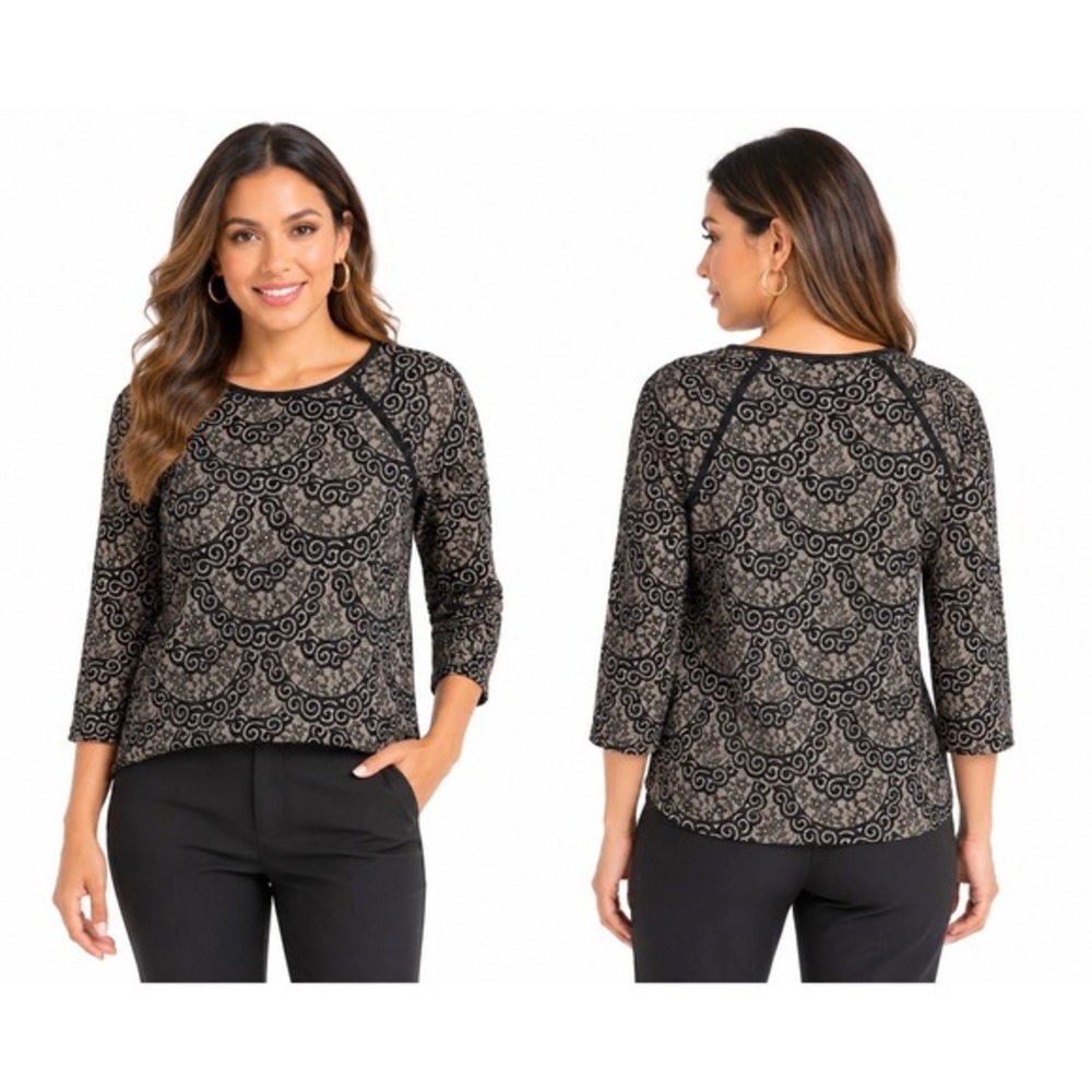 Ann Taylor Black Lace Overlay 3/4 Sleeve Top Cream Knit S Career Preppy 64-01
